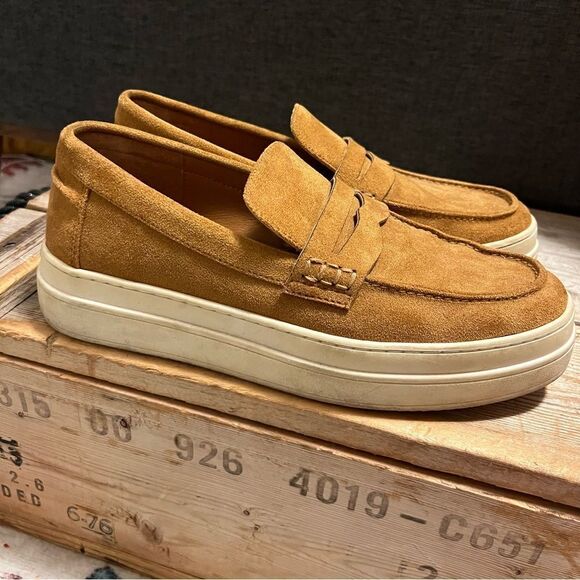 Chic J/Slides Cognac Tan Suede Menswear Inspired Platform Loafer Sneakers - Picture 5 of 12